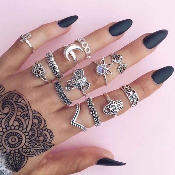 13 Piece BoHo Antiqued Silver Midi-Ring Set - Picture 9 of 12